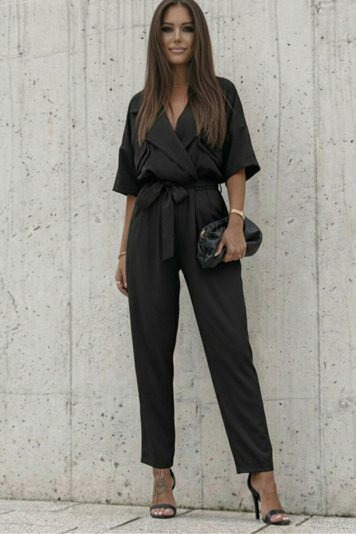 KADIN CEP DETAYLI KUŞAKLI GÖMLEK YAKA TULUM