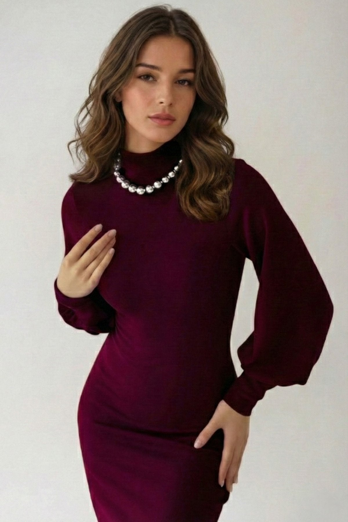 KADIN BALIKÇI YAKA UZUN KOLLU ESNEK TRİKO KUMAŞ GÜNLÜK VE TESETTÜRE UYGUN TASARIM UZUN ELBİSE