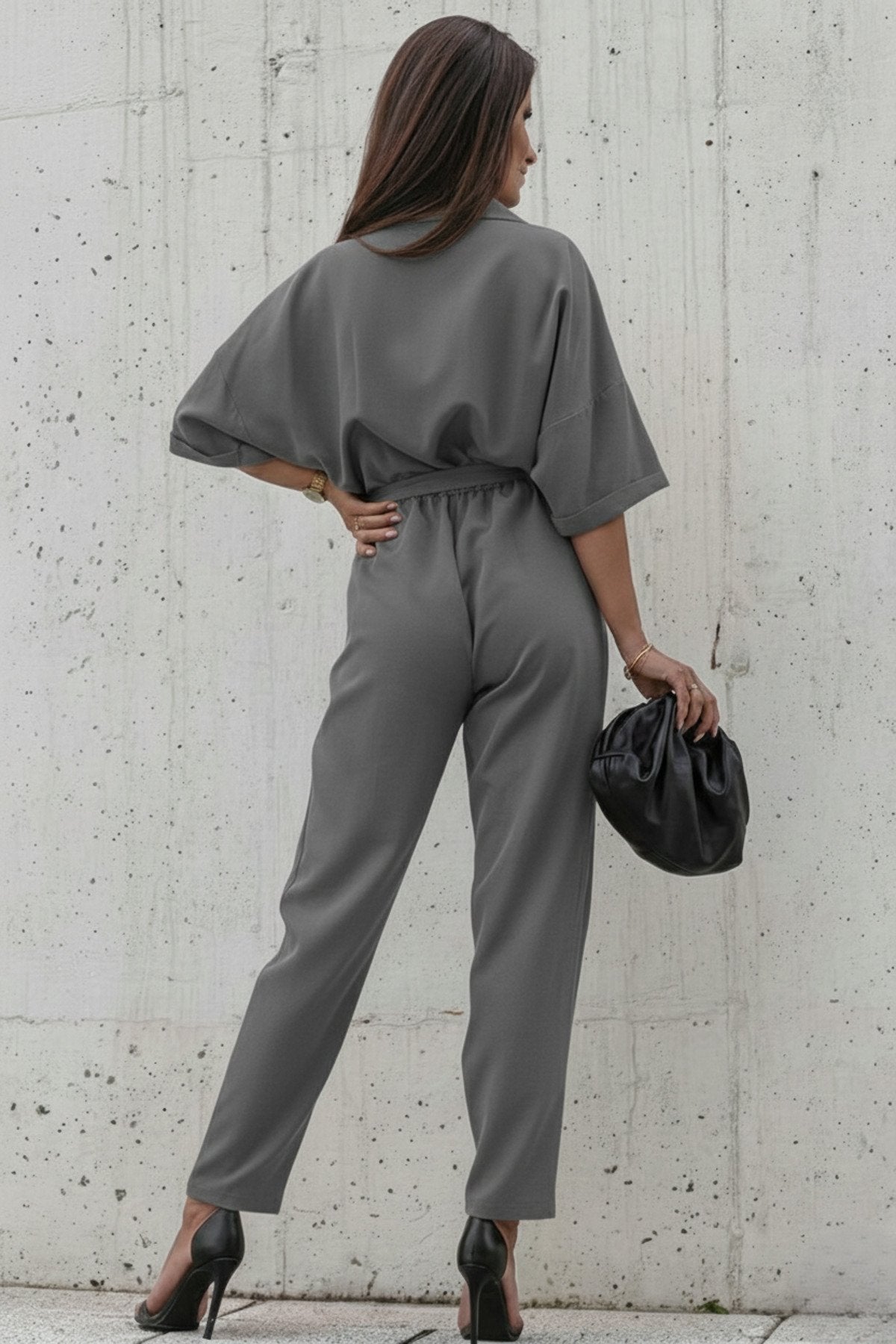 KADIN CEP DETAYLI KUŞAKLI GÖMLEK YAKA TULUM