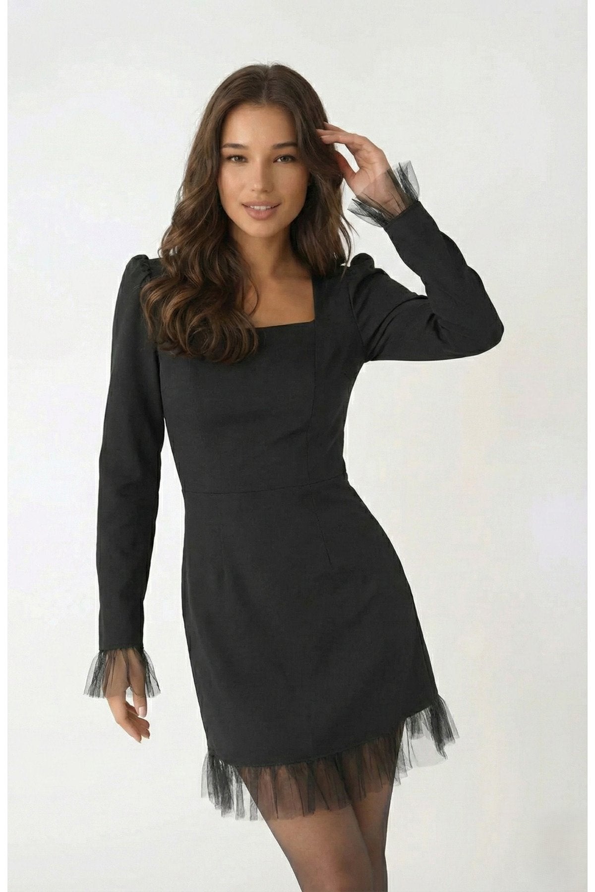 KADIN ETEĞİ VE KOLLARI TÜLLÜ KARE YAKA PRENSES KOL DAVET NİŞAN DÜĞÜN ABİYE GECE ELBİSESİ