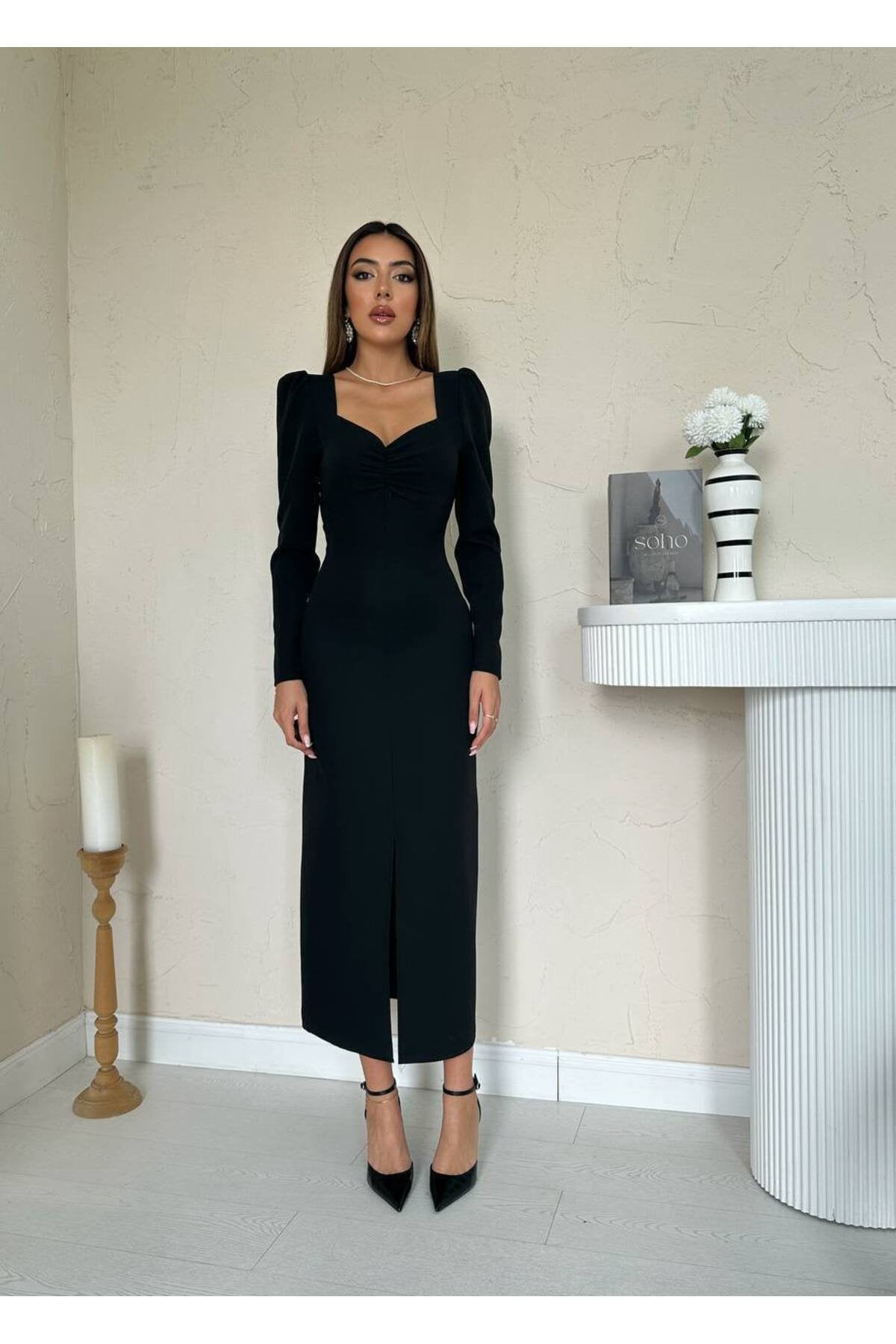 KADIN KALP YAKA ÖNÜ BÜZGÜLÜ PRENSES KOL YIRTMAÇ DETAYLI FİTTED KALIP ELBİSE