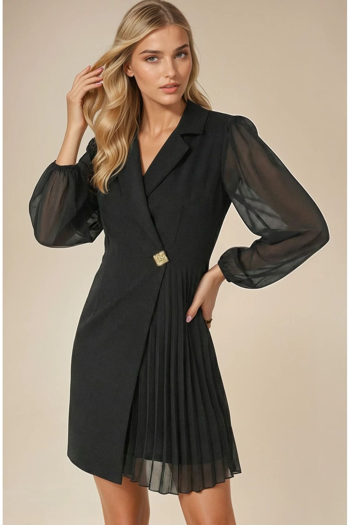 KADIN ETEĞİ PİLİSELİ KRUVAZE YAKA KOLLARI ŞİFON DAVET DÜĞÜN BALO MEZUNİYET İÇİN ABİYE CEKET ELBİSE