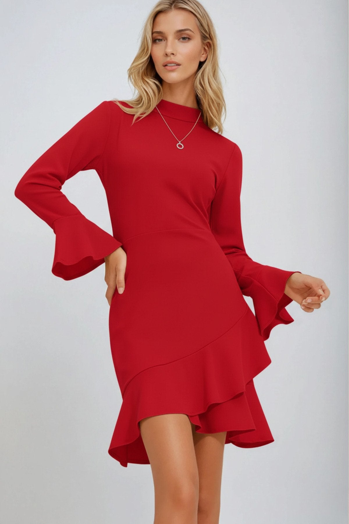 KADIN ETEĞİ VOLANLI YARIM BALIKÇI YAKA İSPANYOL KOL ESNEK KUMAŞ ELBİSE