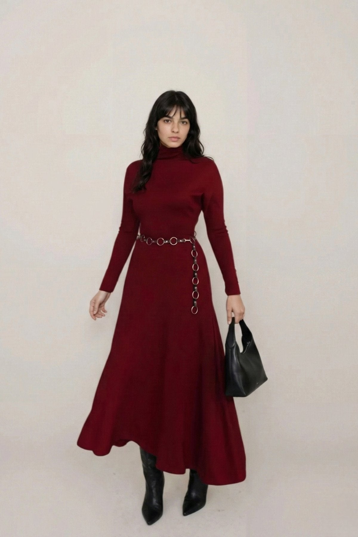 KADIN ESNEK TRİKO KUMAŞ DİK YAKA UZUN KOLLU KLOŞ ELBİSE