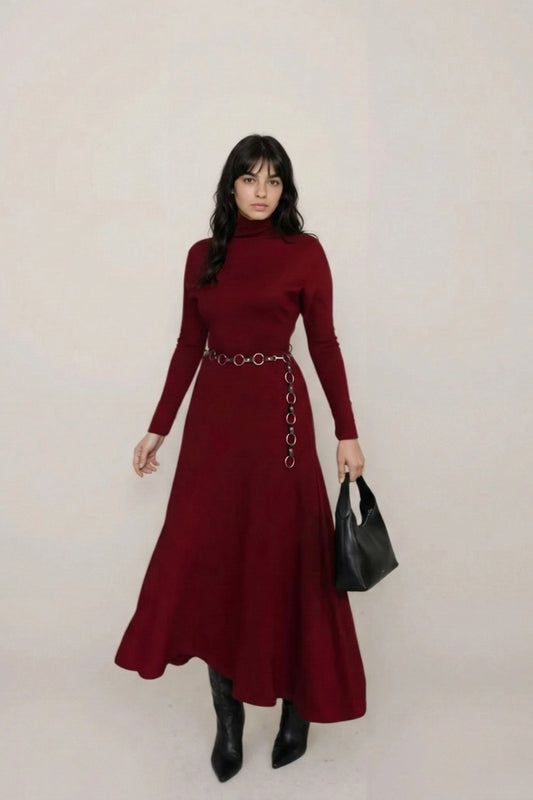 KADIN ESNEK TRİKO KUMAŞ DİK YAKA UZUN KOLLU KLOŞ ELBİSE