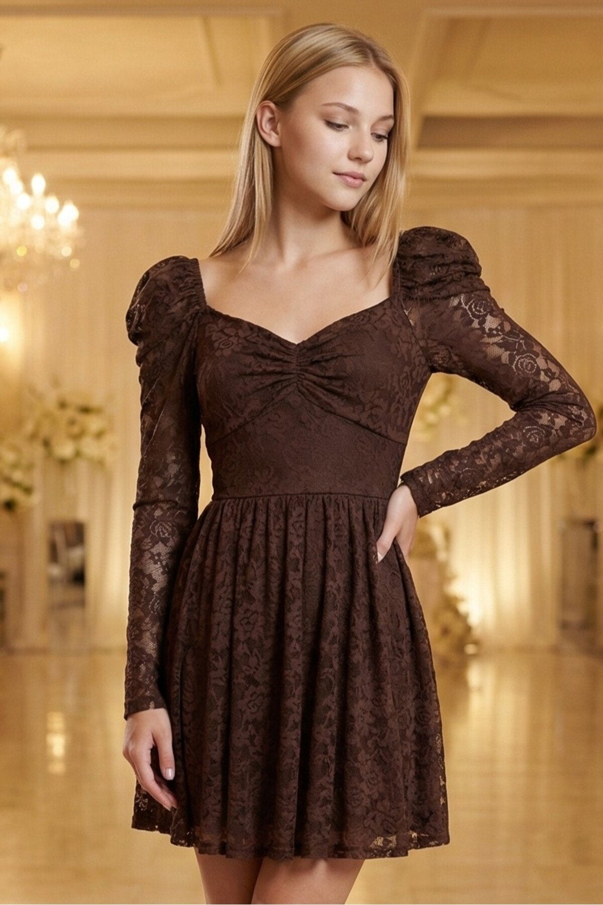 KADIN KLOŞ KESİM ÖNÜ BÜZGÜLÜ PREMIUM ESNEK DANTEL KUMAŞ ASTARLI BALO MEZUNİYET DAVET ELBİSESİ