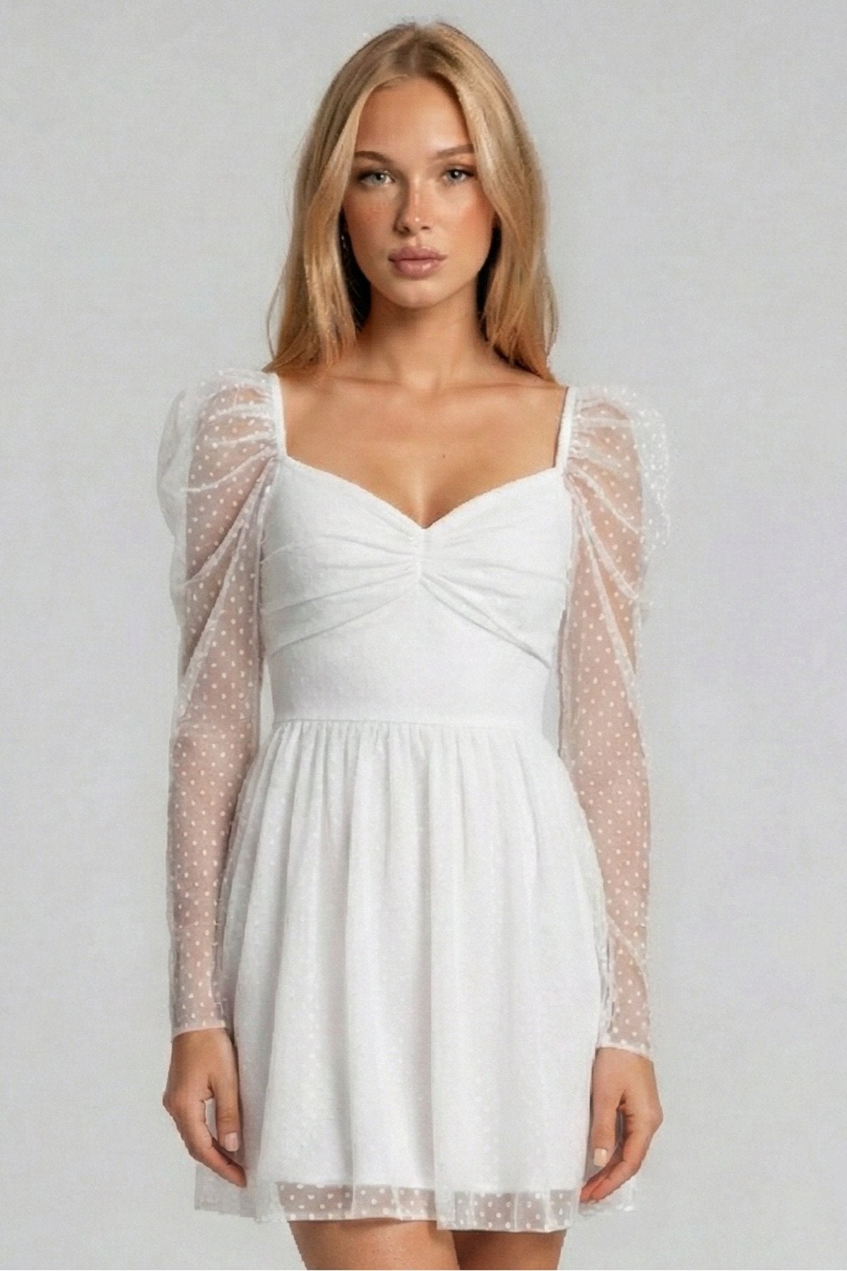 KADIN DRAPE DETAYLI PUANTİYE DESENLİ ETEĞİ KLOŞ ABİYE DÜĞÜN DAVET SÖZ BALO MEZUNİYET ELBİSESİ