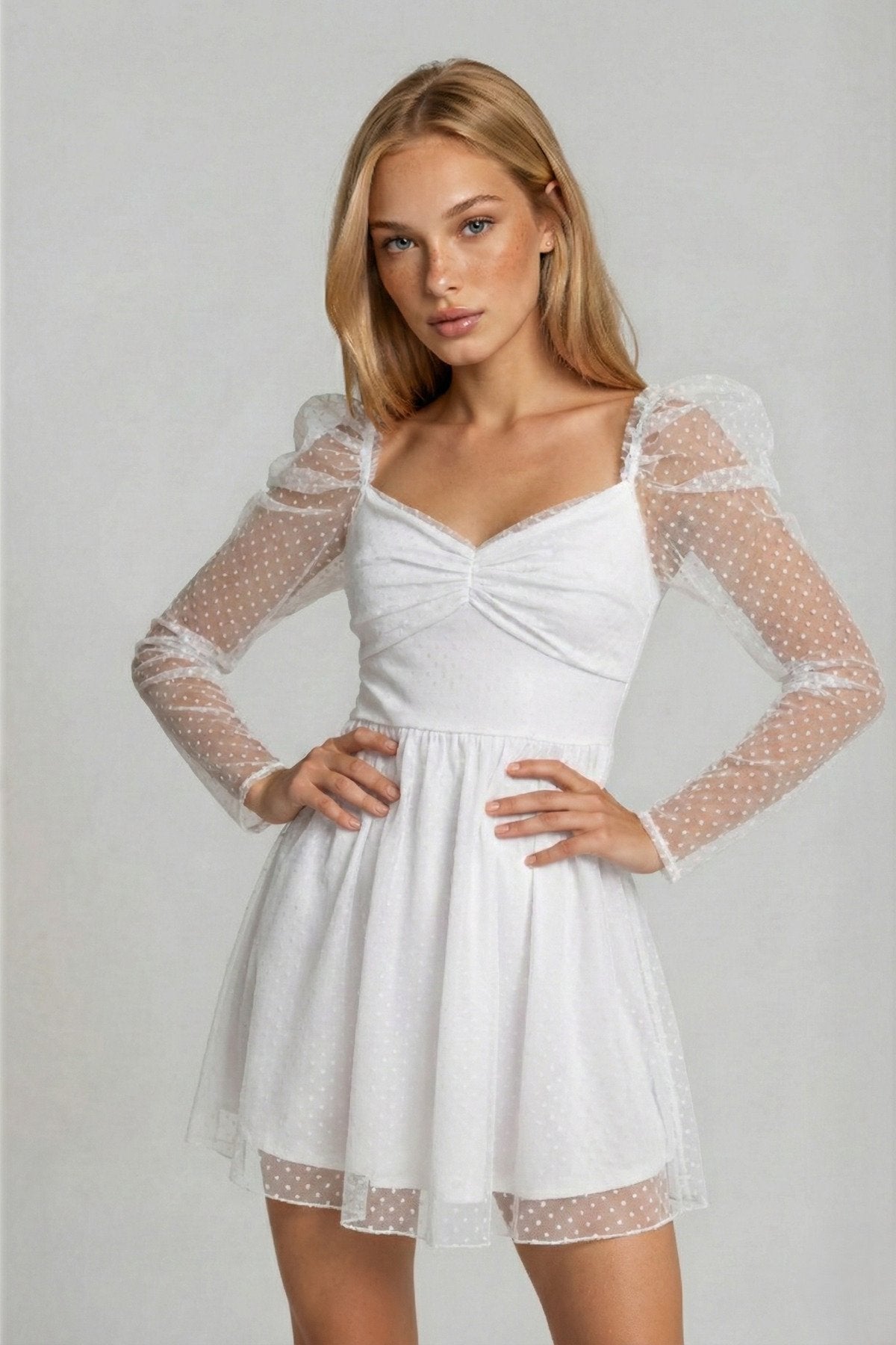 KADIN DRAPE DETAYLI PUANTİYE DESENLİ ETEĞİ KLOŞ ABİYE DÜĞÜN DAVET SÖZ BALO MEZUNİYET ELBİSESİ