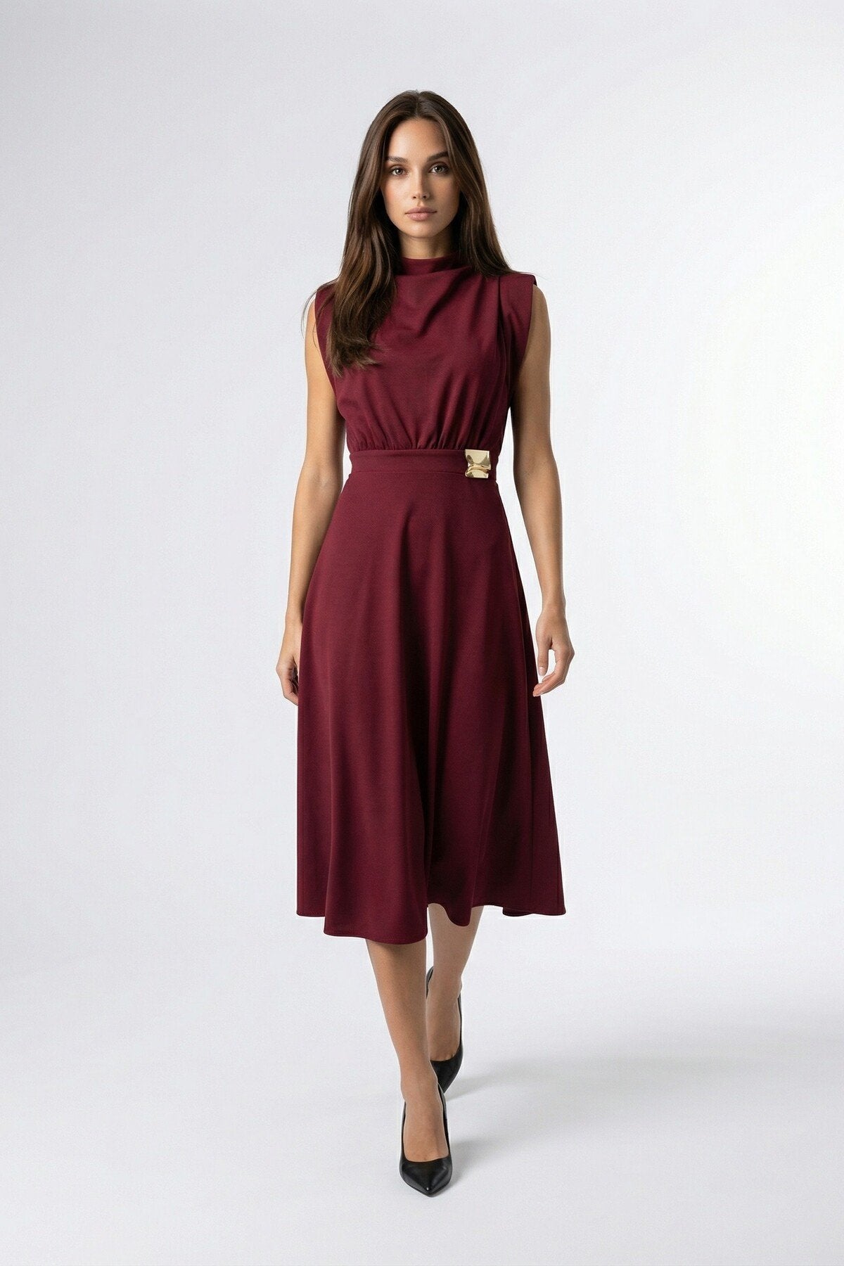 KADIN ETEĞİ KLOŞ MİDİ BOY VATKALI BROŞLU ESNEK KUMAŞ KOLSUZ ABİYE DÜĞÜN DAVET SÖZ NİŞAN ELBİSESİ