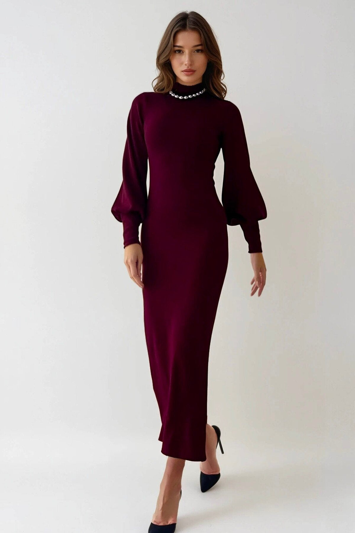 KADIN BALIKÇI YAKA UZUN KOLLU ESNEK TRİKO KUMAŞ GÜNLÜK VE TESETTÜRE UYGUN TASARIM UZUN ELBİSE