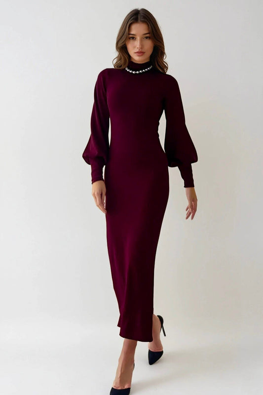 KADIN BALIKÇI YAKA UZUN KOLLU ESNEK TRİKO KUMAŞ GÜNLÜK VE TESETTÜRE UYGUN TASARIM UZUN ELBİSE