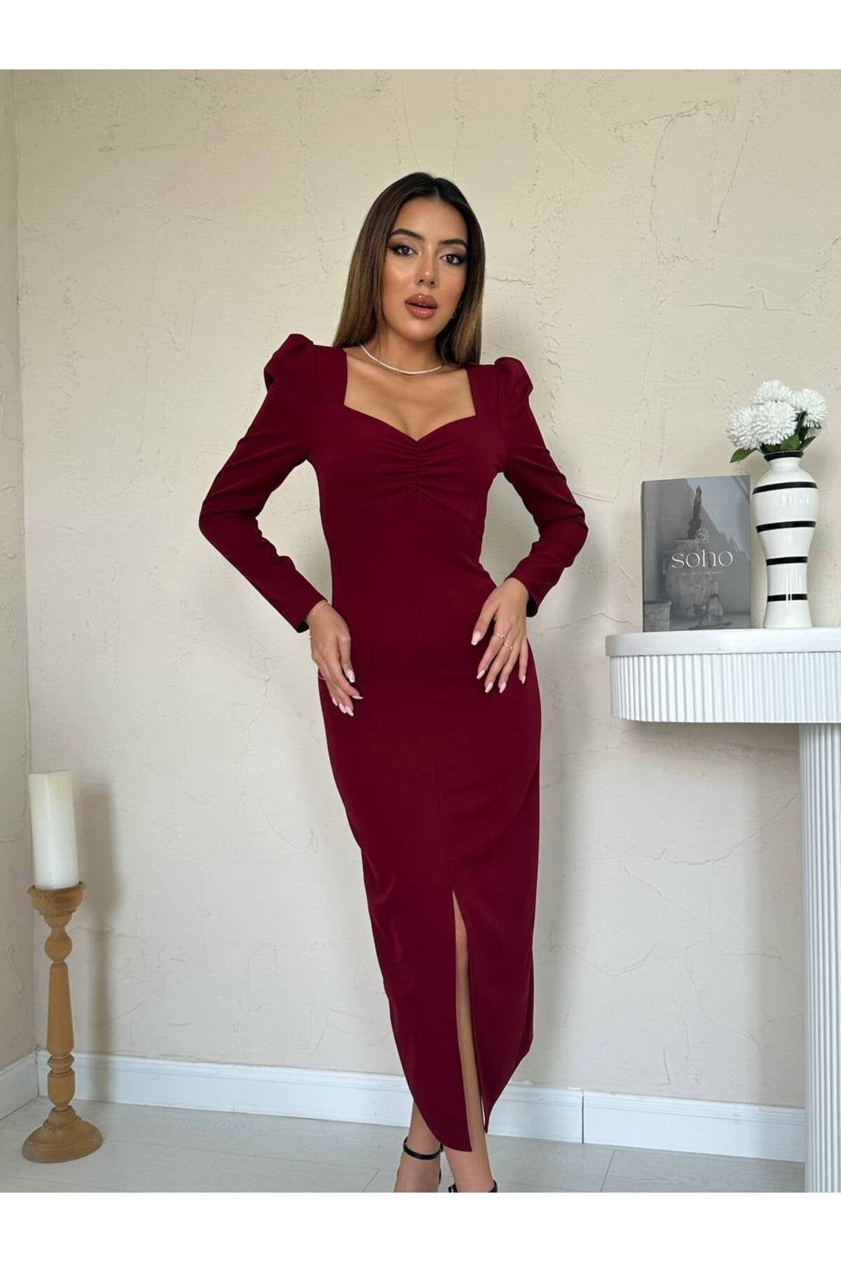 KADIN KALP YAKA ÖNÜ BÜZGÜLÜ PRENSES KOL YIRTMAÇ DETAYLI FİTTED KALIP ELBİSE