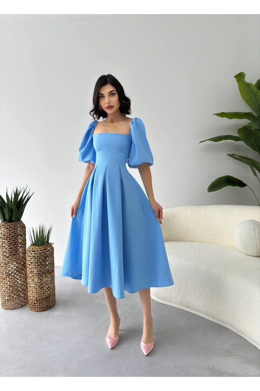 KADIN ATLAS KUMAŞ KARE YAKA BALON KOL KLOŞ KESİM MİDİ BOY NİKAH DÜĞÜN DAVET ELBİSESİ