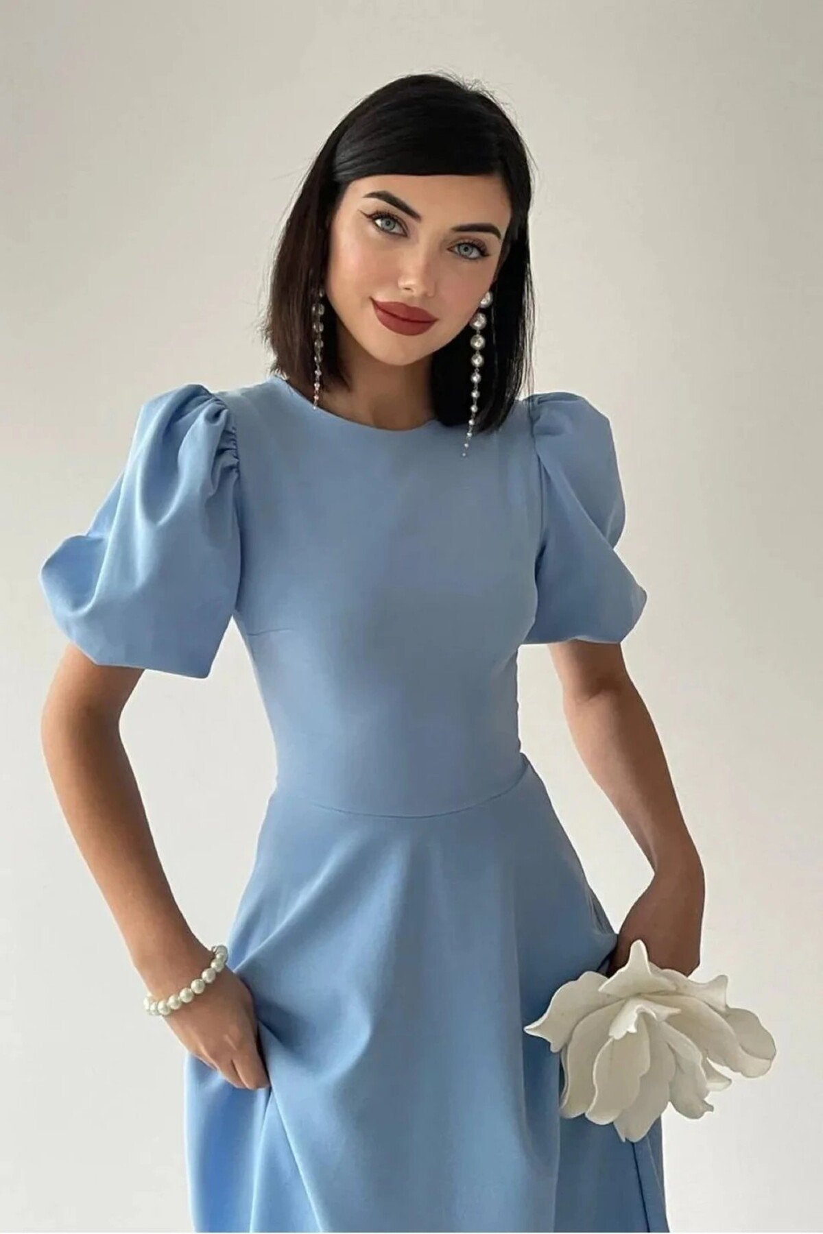 KADIN BALON KOL ETEĞİ KLOŞ MİDİ BOY ELBİSE