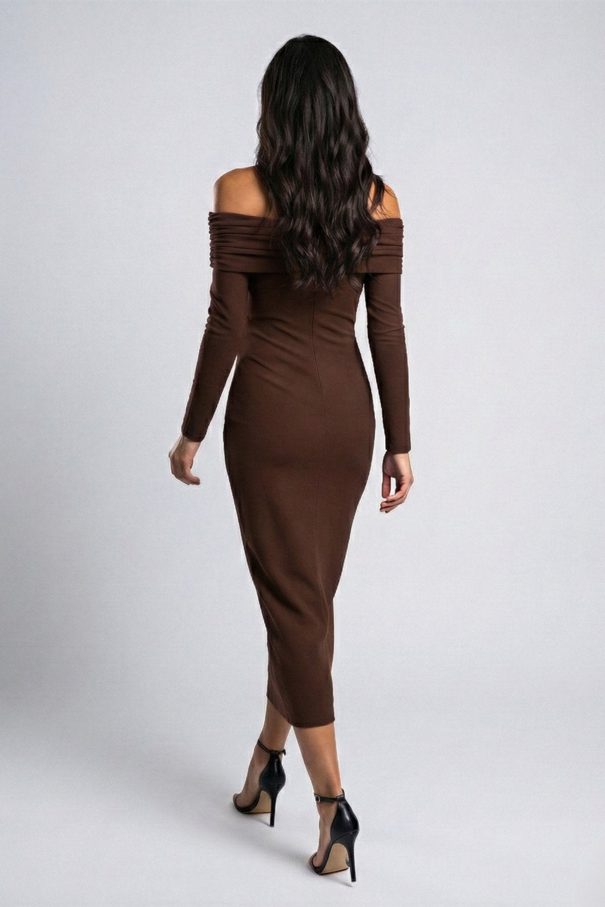 KADIN ÇAPRAZ YAKA DRAPE DETAYLI ESNEK KUMAŞ TASARIM ELBİSE