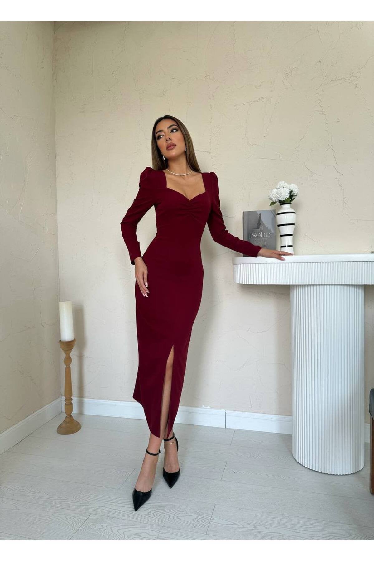 KADIN KALP YAKA ÖNÜ BÜZGÜLÜ PRENSES KOL YIRTMAÇ DETAYLI FİTTED KALIP ELBİSE