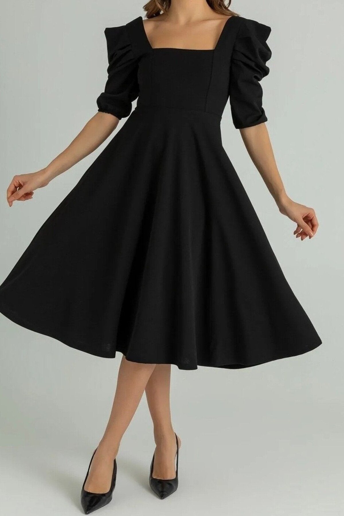 KADIN KARE YAKA PRENSES KOL ESNEK KUMAŞ MİDİ BOY KLOŞ ELBİSE