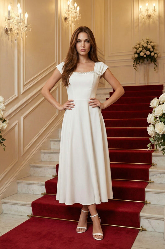 KADIN YAKASI TAŞ AKSESUAR DETAYLI ATLAS KUMAŞ UZUN BOY ETEĞİ KLOŞ ABİYE DÜĞÜN NİŞAN DAVET ELBİSESİ