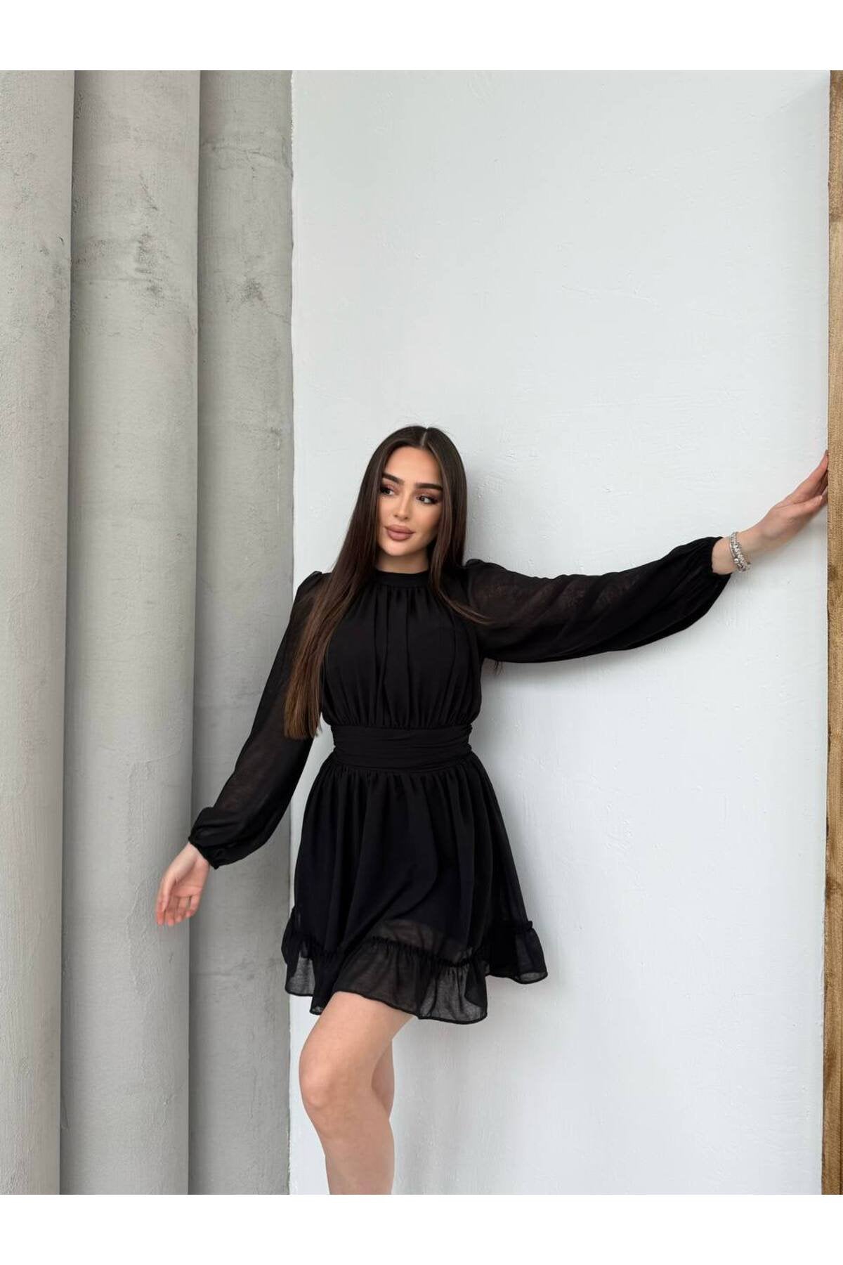 KADIN ETEĞİ FIRFIRLI BÜZGÜ DETAYLI BALON KOL ŞİFON ELBİSE