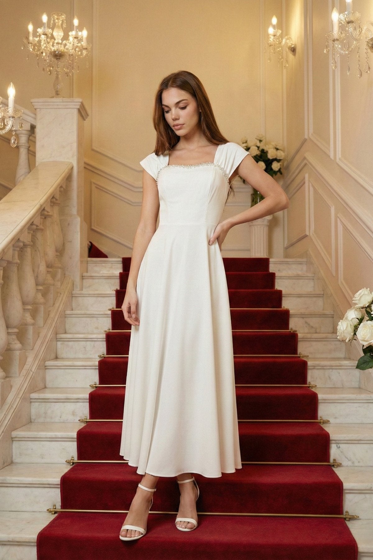 KADIN YAKASI TAŞ AKSESUAR DETAYLI ATLAS KUMAŞ UZUN BOY ETEĞİ KLOŞ ABİYE DÜĞÜN NİŞAN DAVET ELBİSESİ