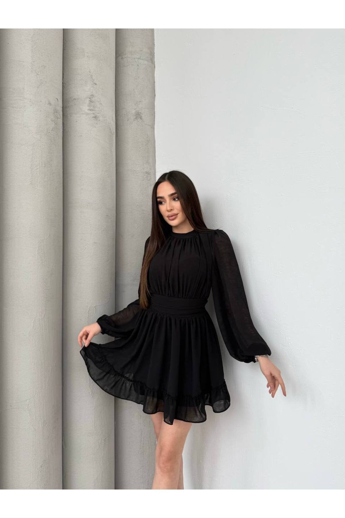 KADIN ETEĞİ FIRFIRLI BÜZGÜ DETAYLI BALON KOL ŞİFON ELBİSE