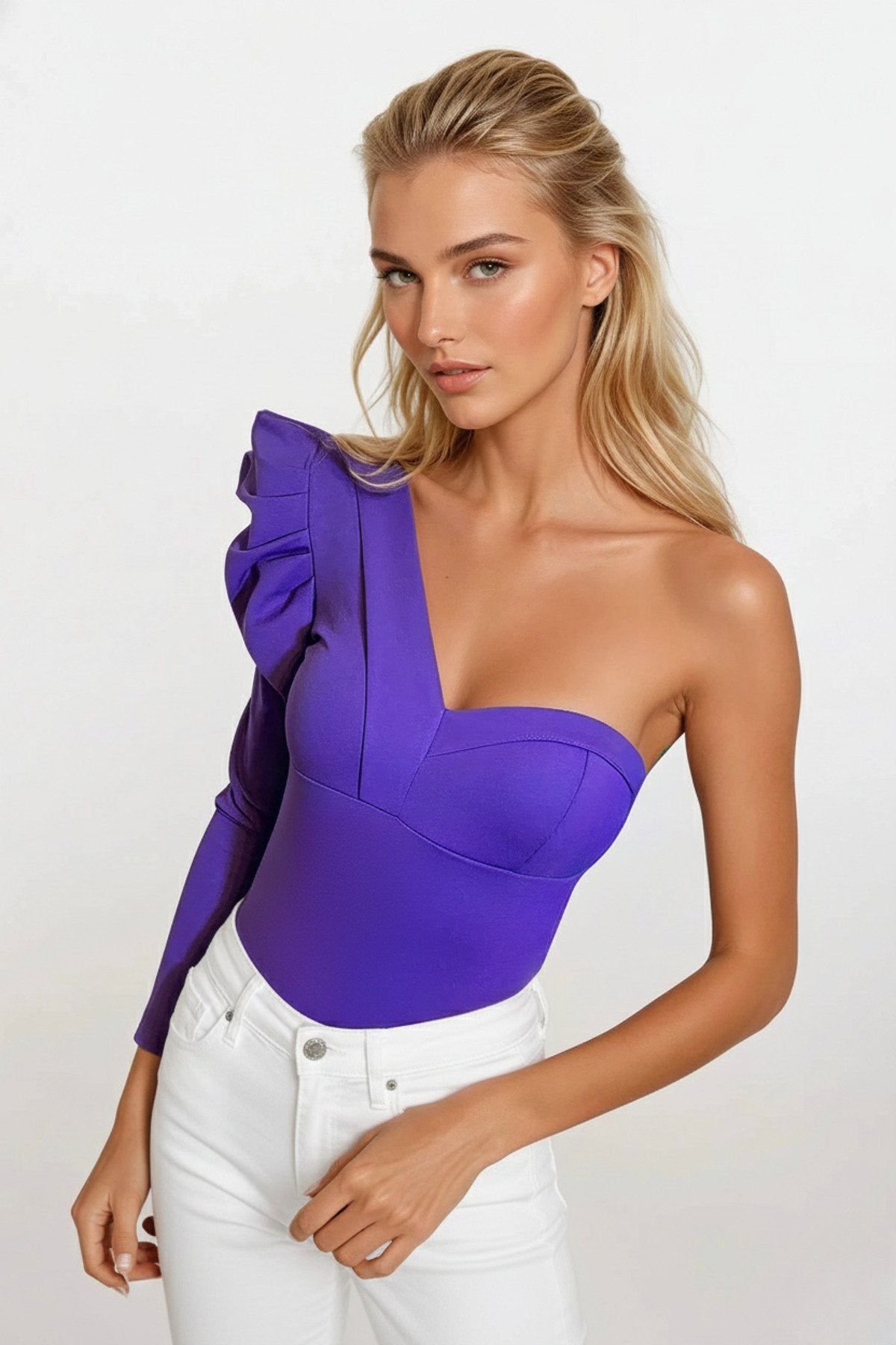 KADIN VATKALI TEK OMUZ TASARIM ESNEK ÖRME KUMAŞ BLUZ