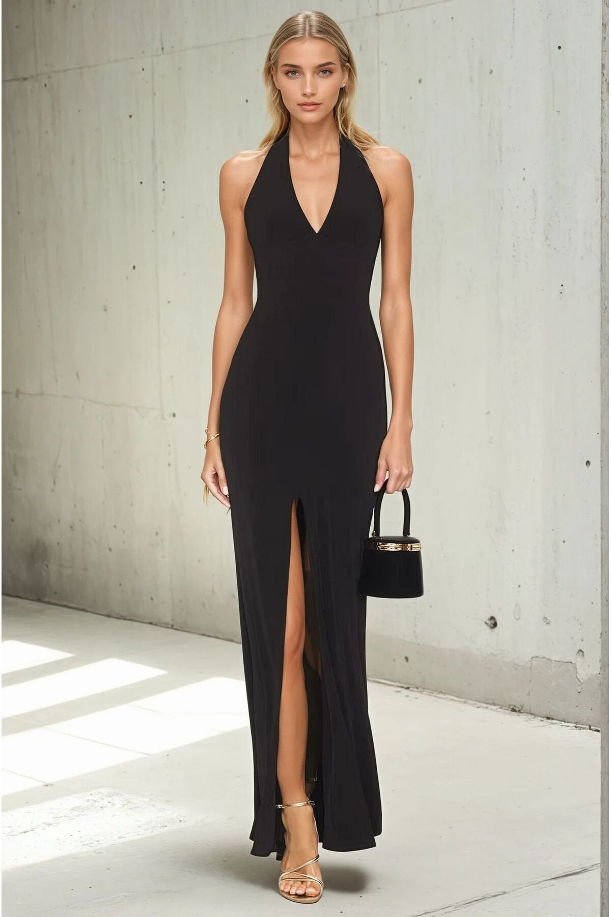 KADIN V YAKA SIRT DEKOLTELİ YIRTMAÇLI LİKRALI ESNEK KUMAŞ MAXİ BOY GECE ELBİSESİ