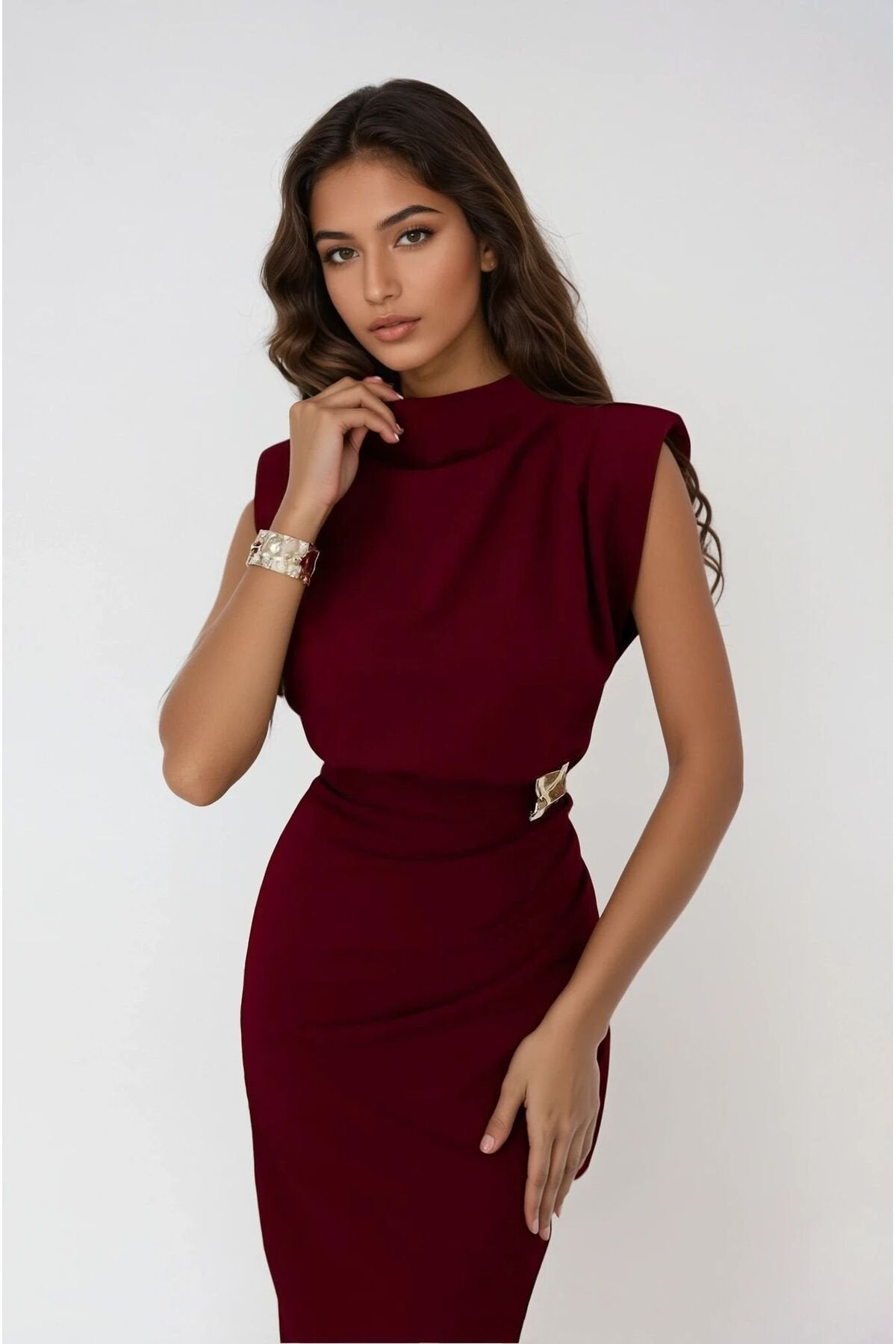 KADIN VATKALI BROŞ DETAYLI ESNEK KUMAŞ ANVELOP KESİM DÜĞÜN DAVET SÖZ NİŞAN ELBİSESİ