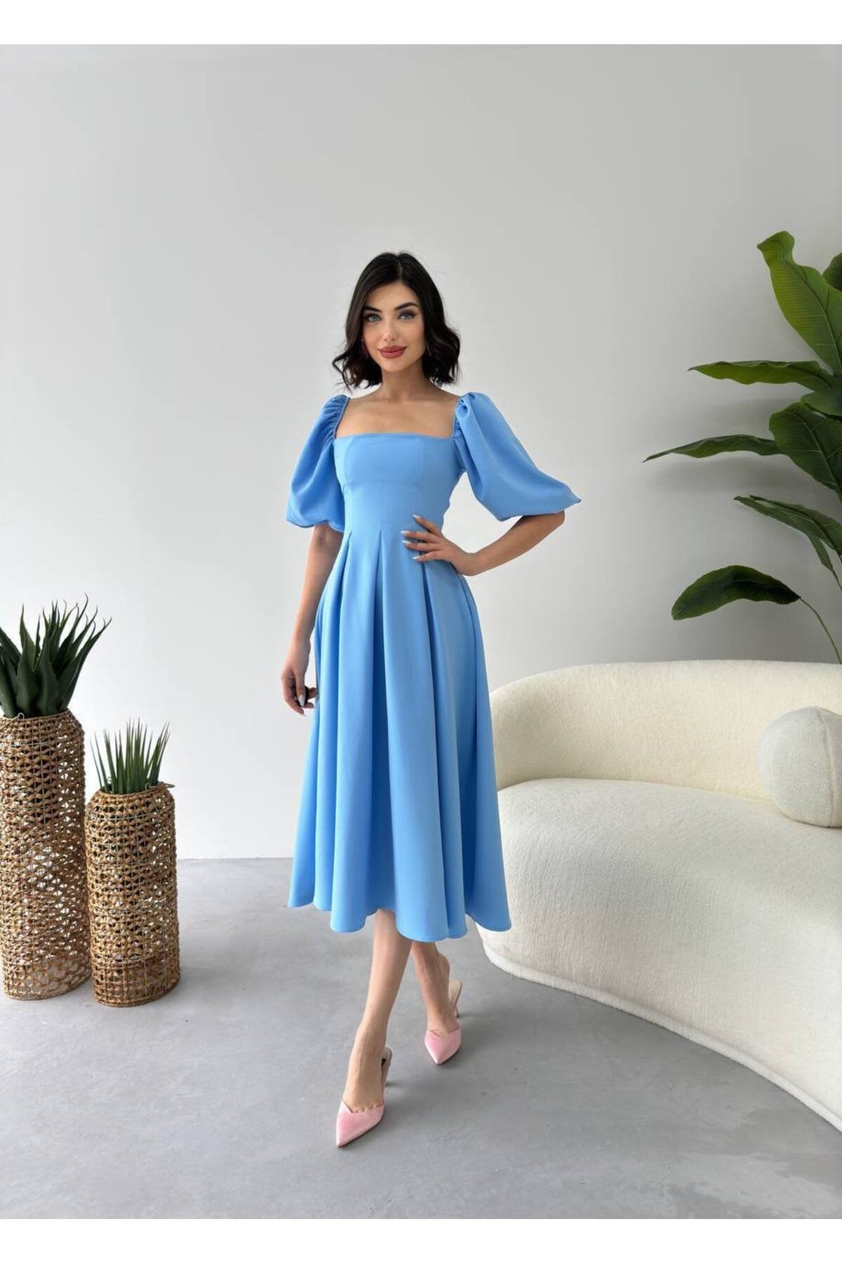 KADIN ATLAS KUMAŞ KARE YAKA BALON KOL KLOŞ KESİM MİDİ BOY NİKAH DÜĞÜN DAVET ELBİSESİ