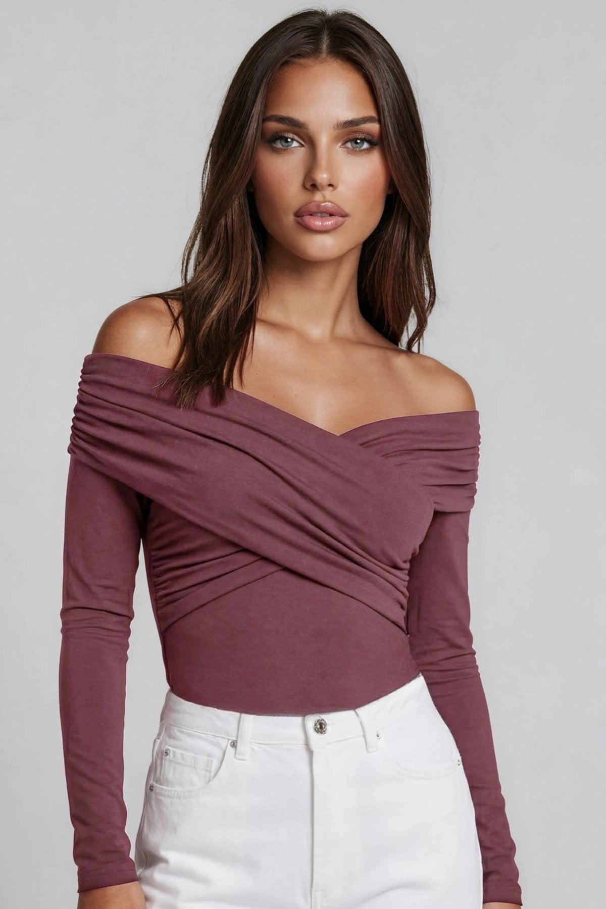 KADIN ÇAPRAZ YAKA DRAPE DETAYLI ESNEK KUMAŞ TASARIM BLUZ