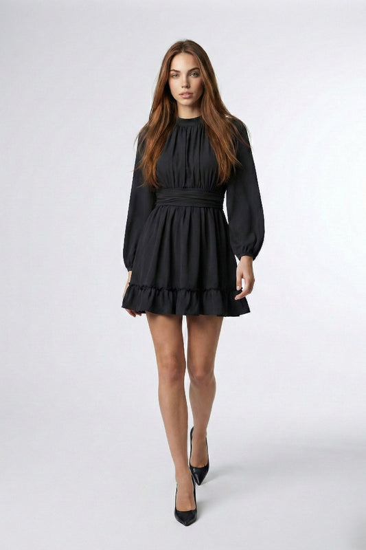 KADIN ETEĞİ FIRFIRLI BÜZGÜ DETAYLI BALON KOL ASTAR DÜĞÜN SÖZ DAVET MEZUNİYET BALO ABİYE ELBİSE