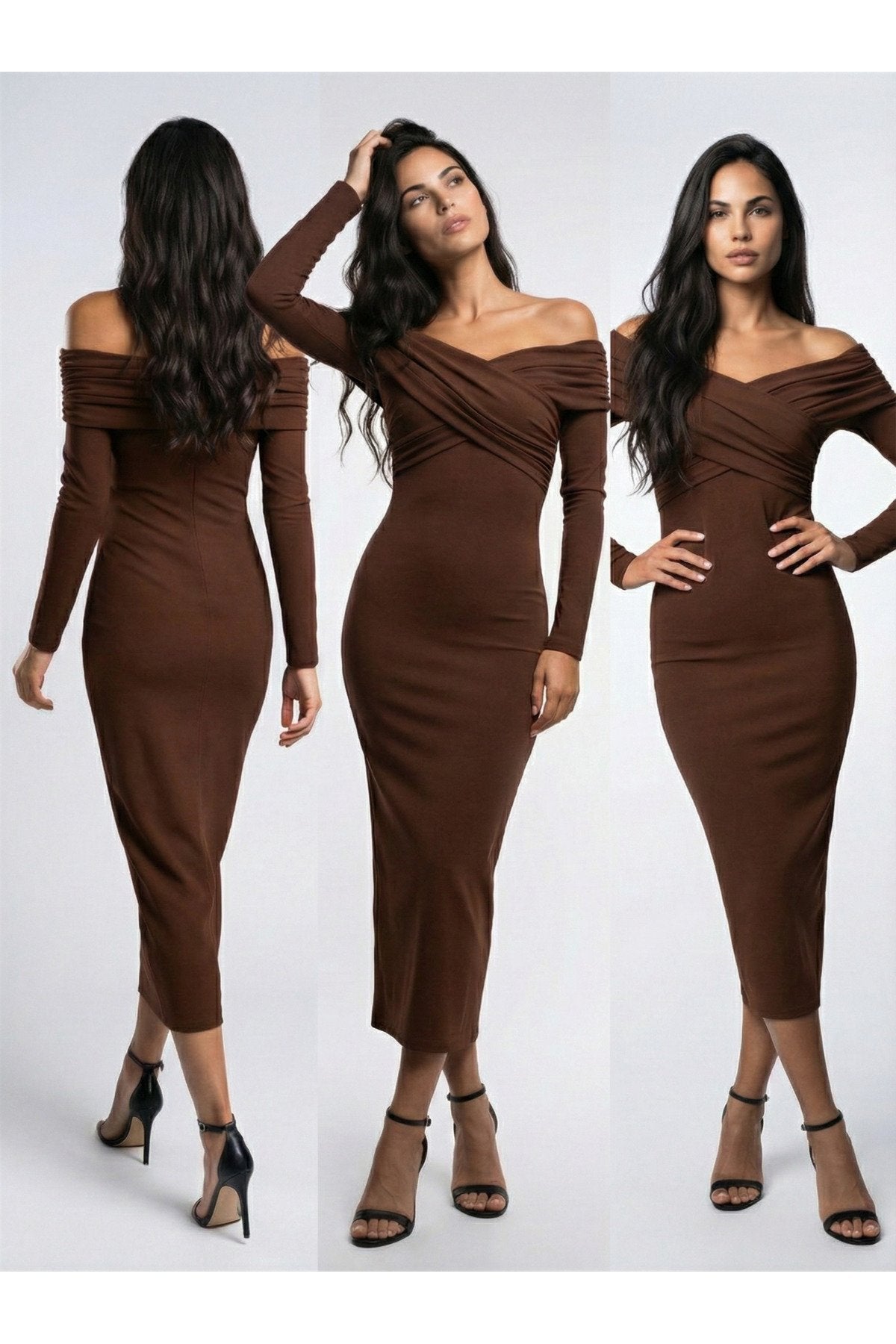 KADIN ÇAPRAZ YAKA DRAPE DETAYLI ESNEK KUMAŞ TASARIM ELBİSE