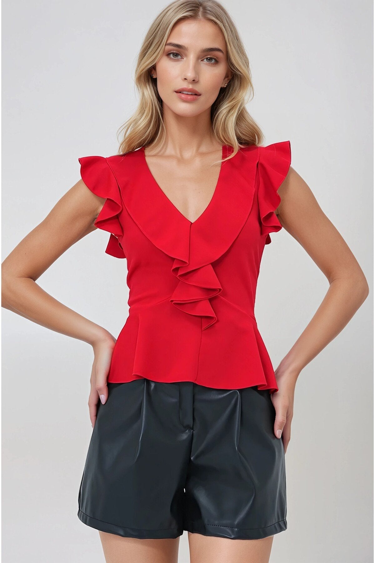 KADIN V YAKA VOLANLI ESNEK ÖRME KUMAŞ BLUZ