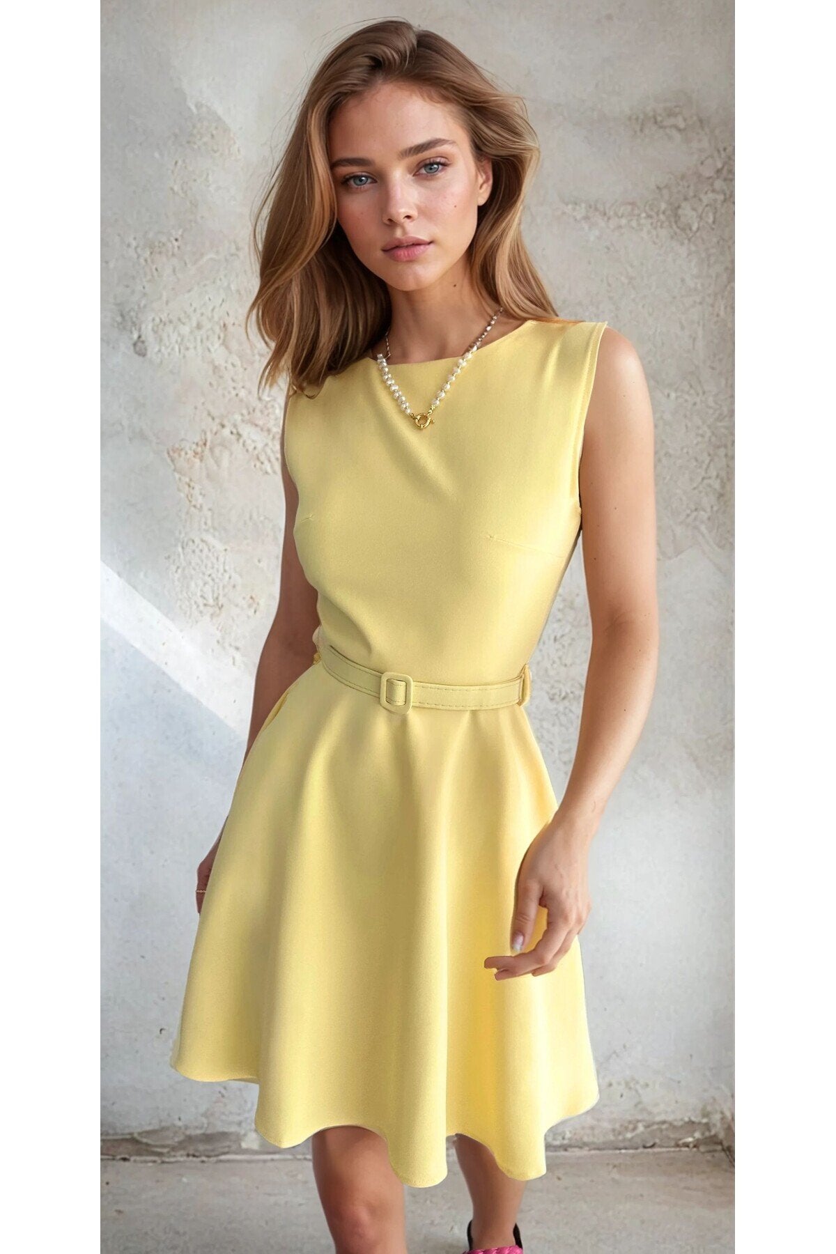 KADIN ATLAS KUMAŞ KEMERLİ VE CEPLİ KLOŞ ELBİSE