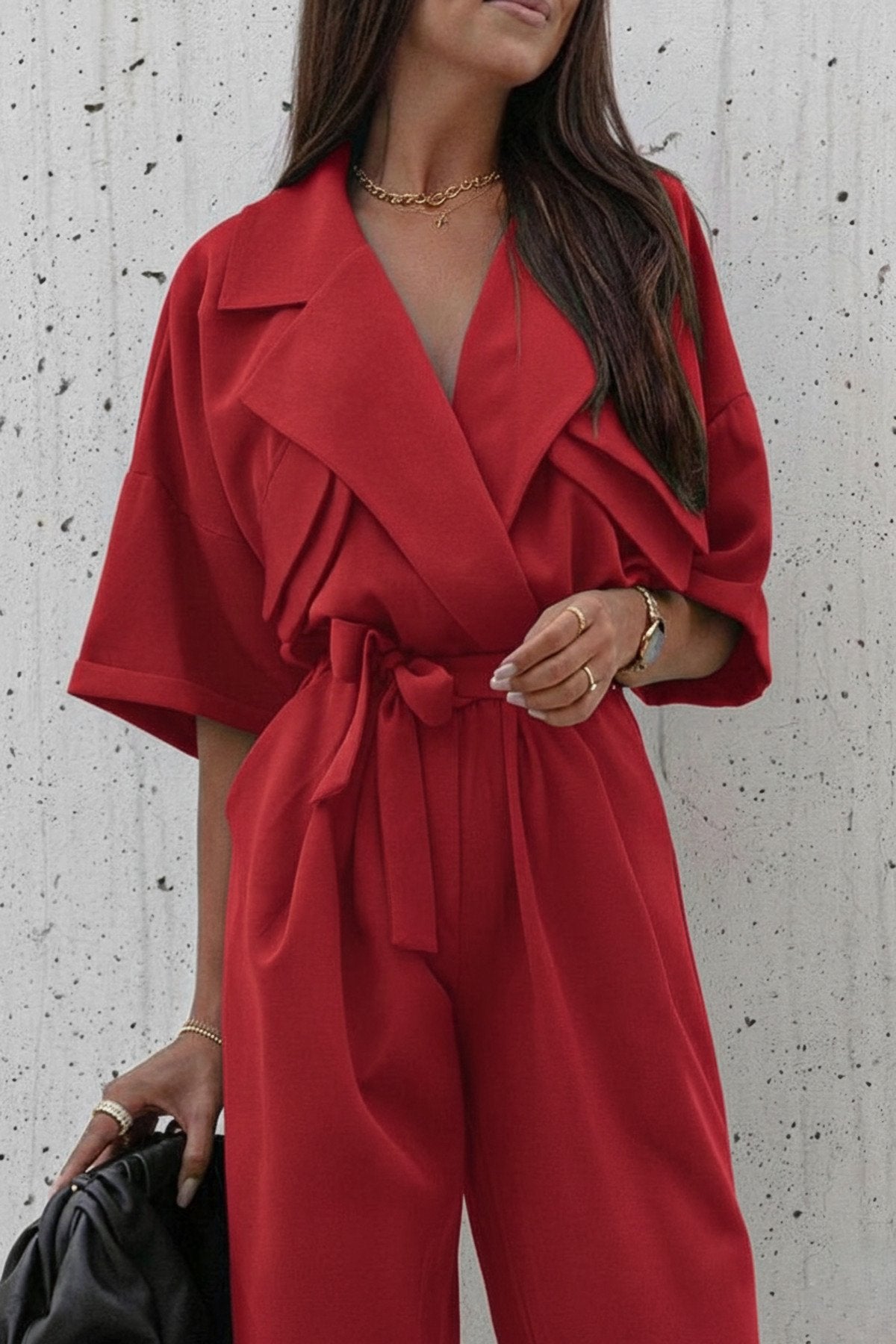 KADIN CEP DETAYLI KUŞAKLI GÖMLEK YAKA TULUM