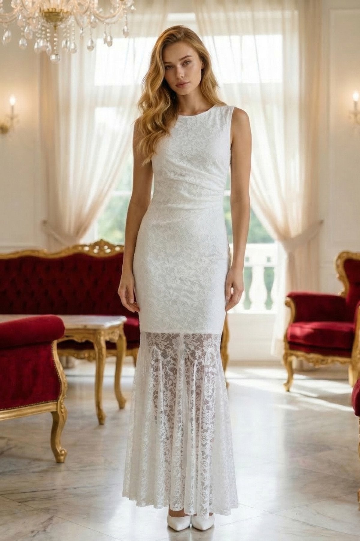 KADIN KOLSUZ DRAPE DETAYLI ASTARLI LİKRALI PREMİUM DANTEL KUMAŞ DAVET DÜĞÜN NİŞAN BALO SÖZ ELBİSESİ