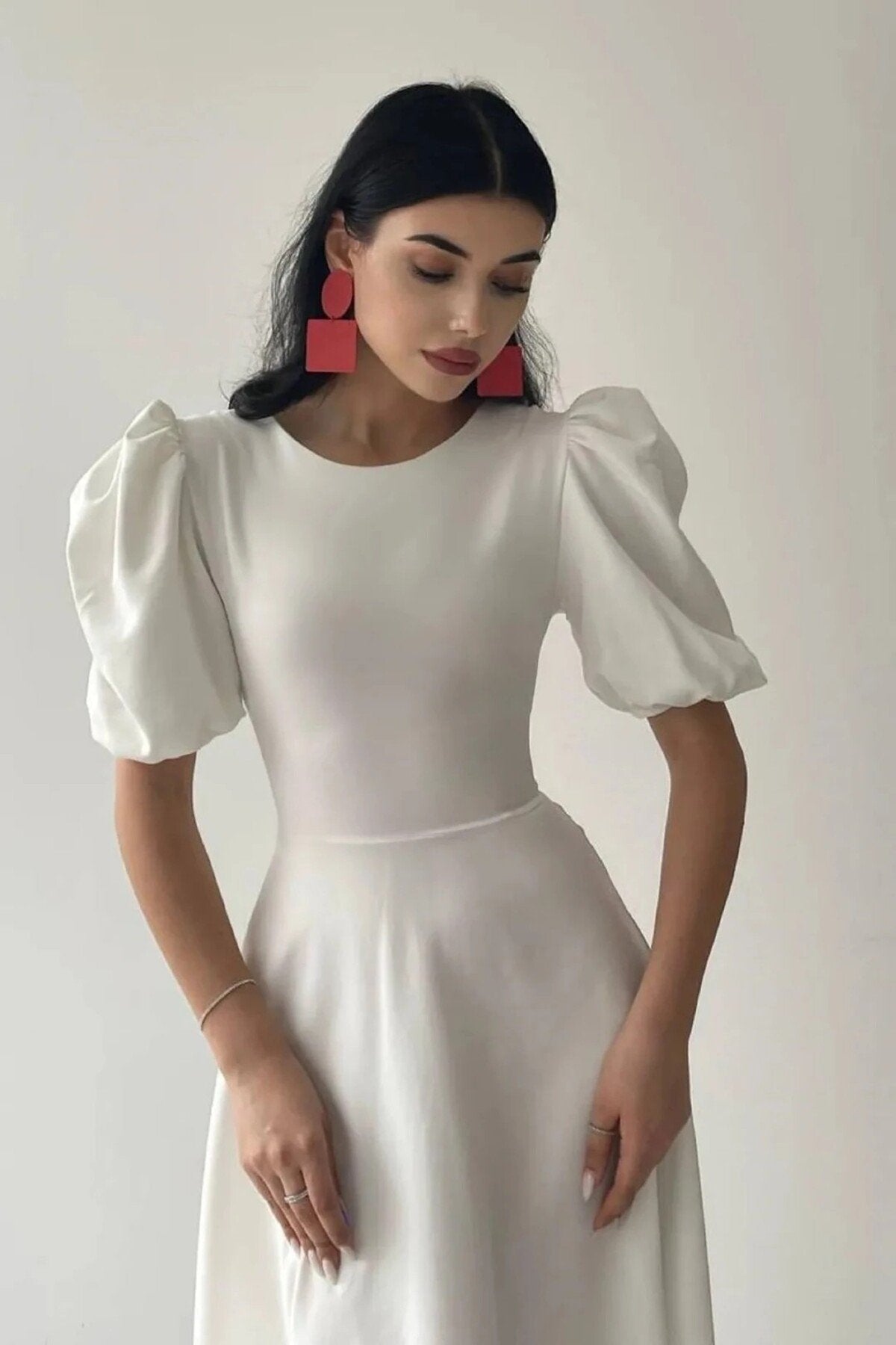 KADIN BALON KOL ETEĞİ KLOŞ MİDİ BOY ELBİSE