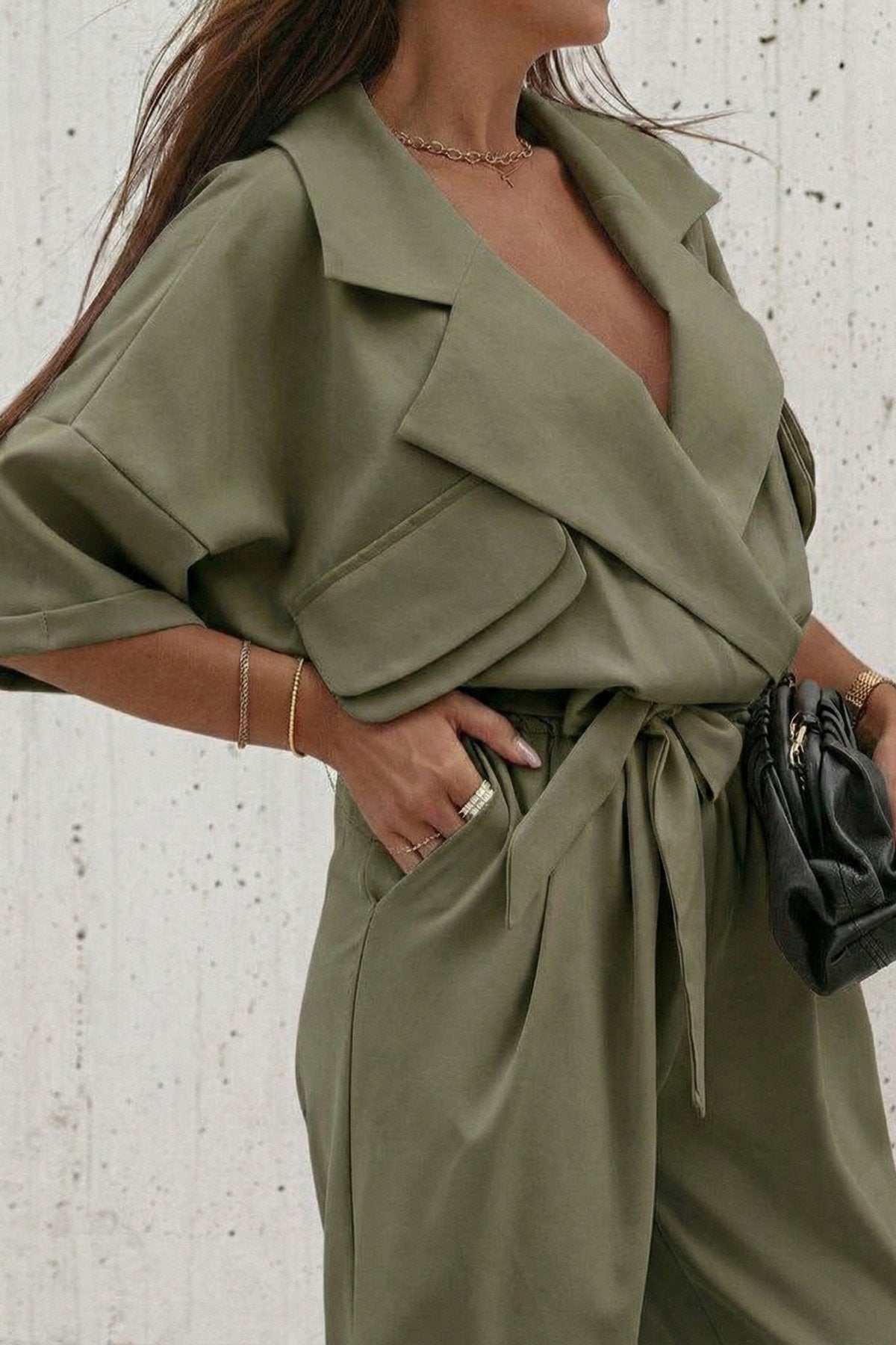 KADIN CEP DETAYLI KUŞAKLI GÖMLEK YAKA TULUM