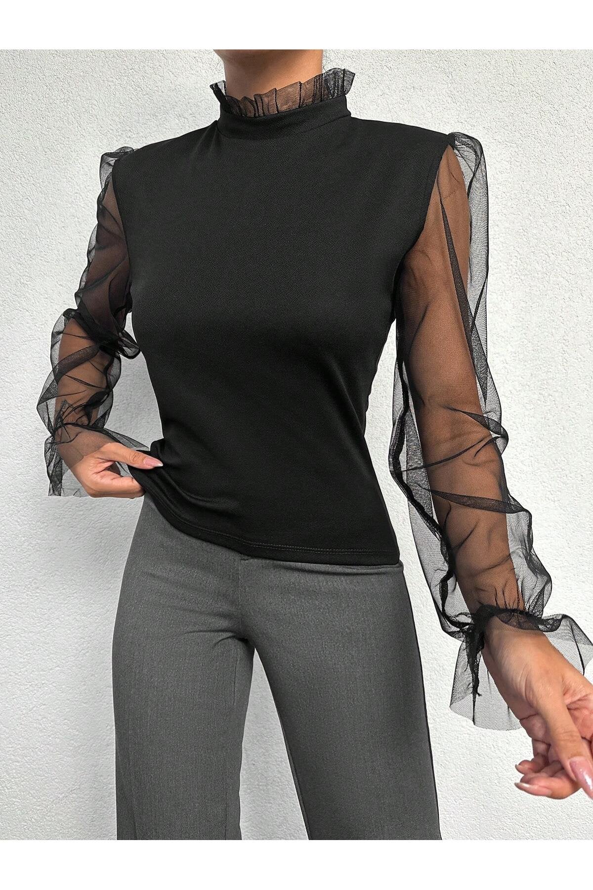 KADIN YAKASI FIRFIRLI KOLU TÜL ESNEK ÖRME KUMAŞ BLUZ