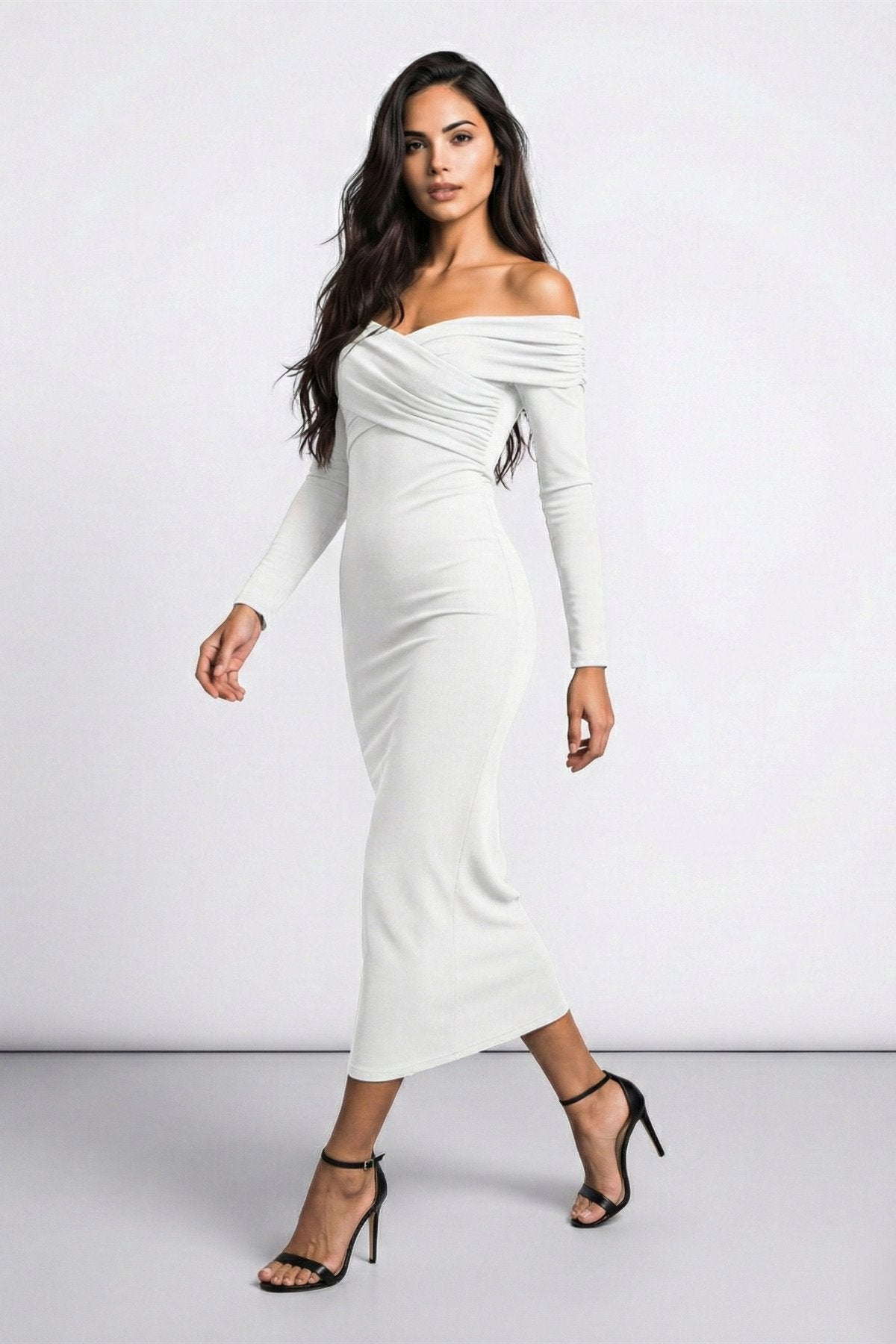 KADIN ÇAPRAZ YAKA DRAPE DETAYLI ESNEK KUMAŞ TASARIM ELBİSE