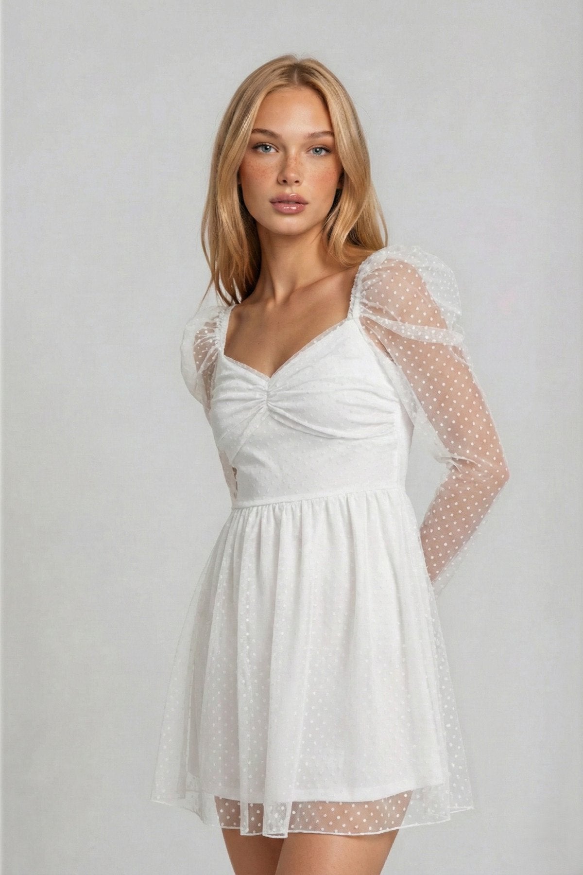 KADIN DRAPE DETAYLI PUANTİYE DESENLİ ETEĞİ KLOŞ ABİYE DÜĞÜN DAVET SÖZ BALO MEZUNİYET ELBİSESİ