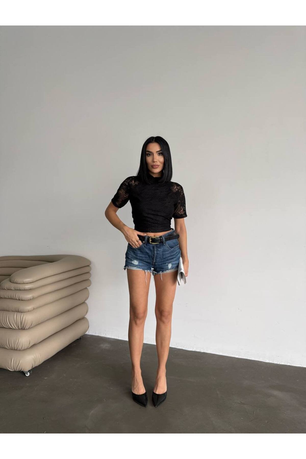 KADIN ARKASI KUŞAKLI ASTARLI DANTEL BLUZ