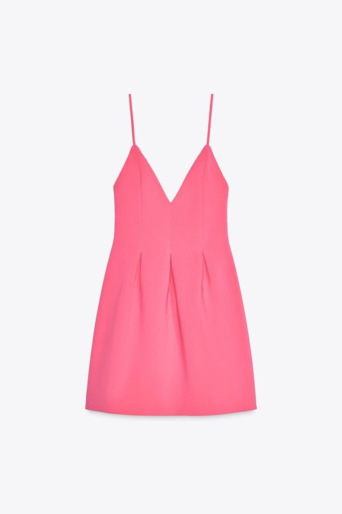 KADIN V YAKA İNCE ASKILI PİLELİ KLOŞ ELBİSE