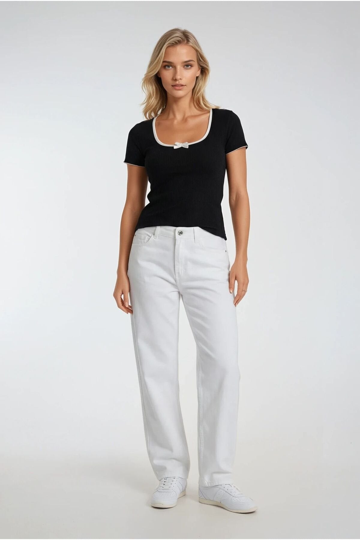 KADIN YAKASI FİYONKLU KONTRAST BİYELİ ESNEK KUMAŞ BLUZ