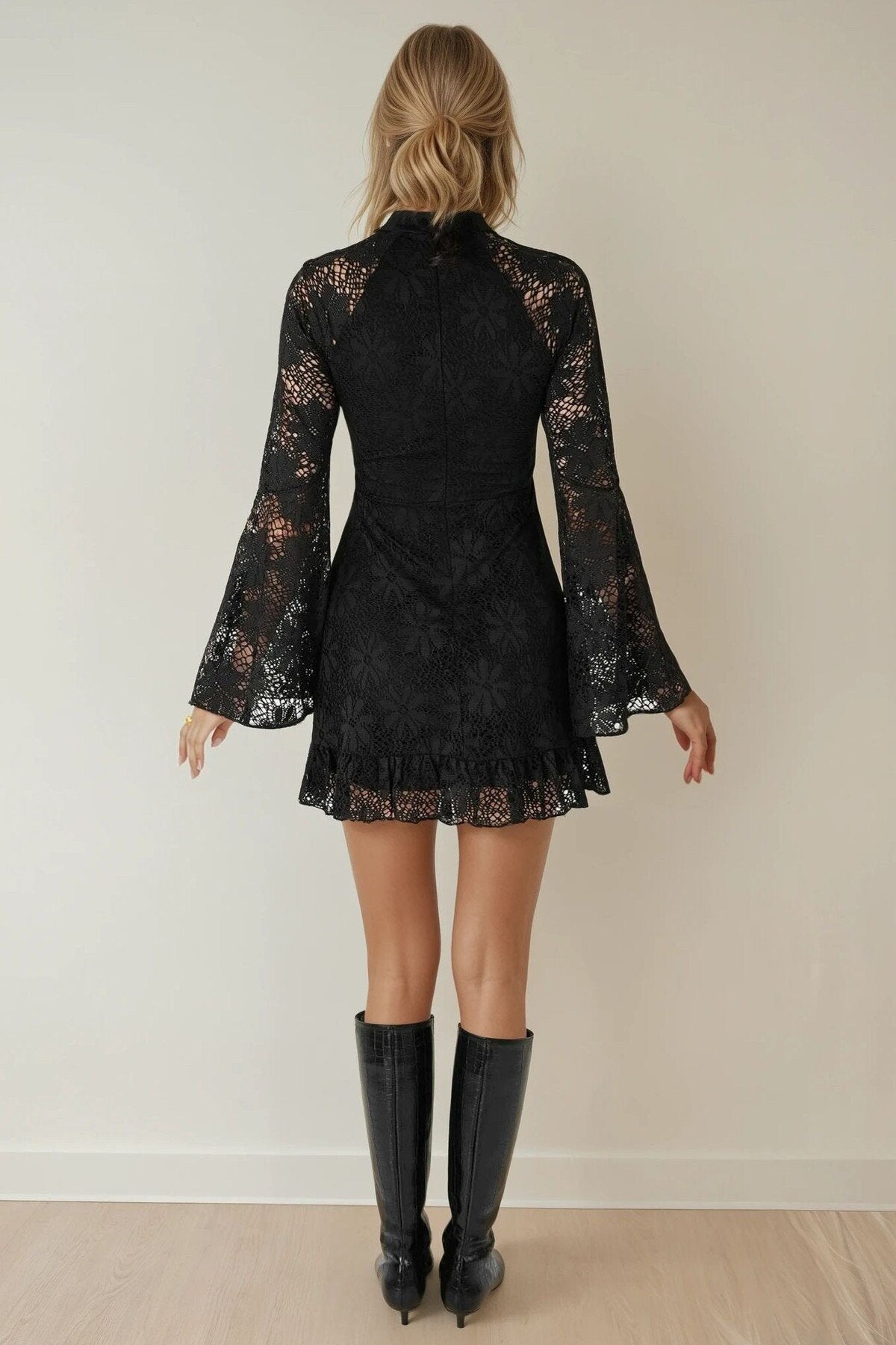 KADIN İSPANYOL KOL YARIM BALIKÇI YAKA ASTARLI MİNİ BOY DANTEL ABİYE ELBİSE