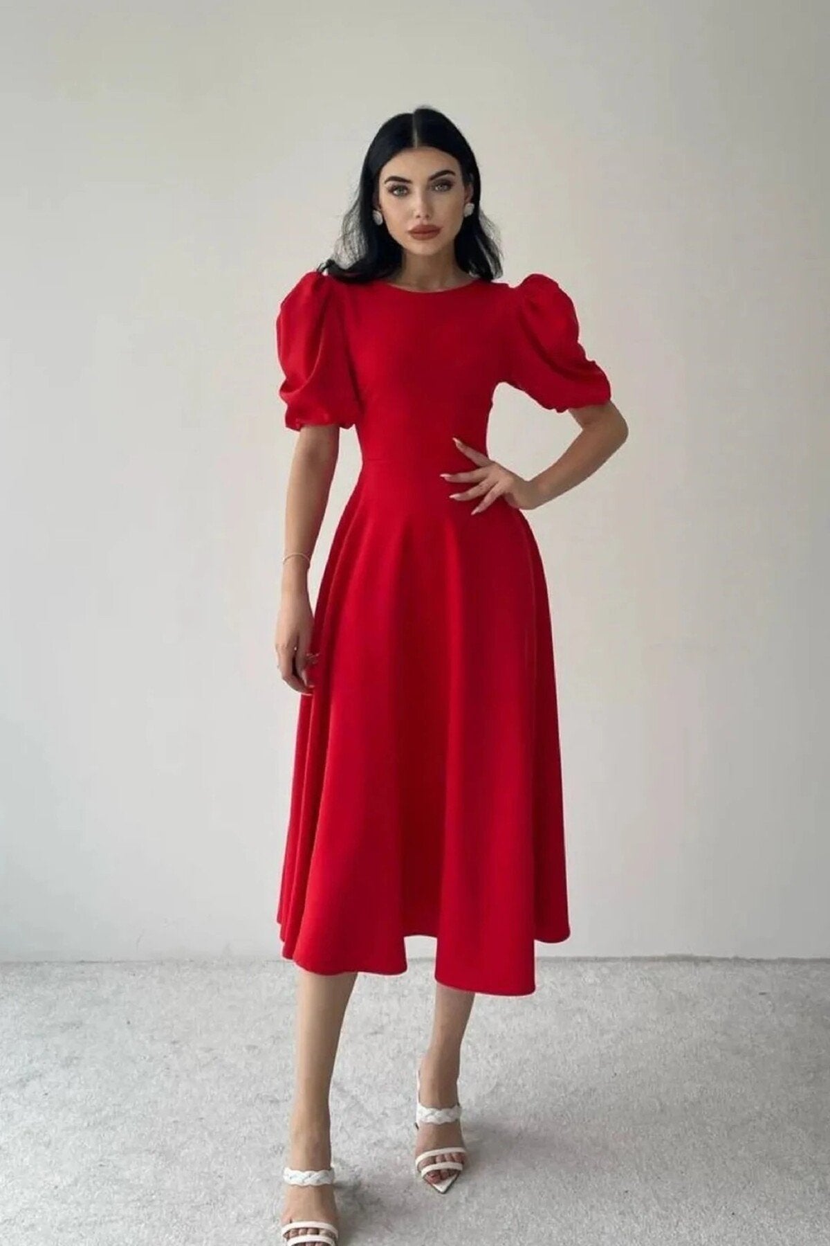 KADIN BALON KOL ETEĞİ KLOŞ MİDİ BOY ELBİSE