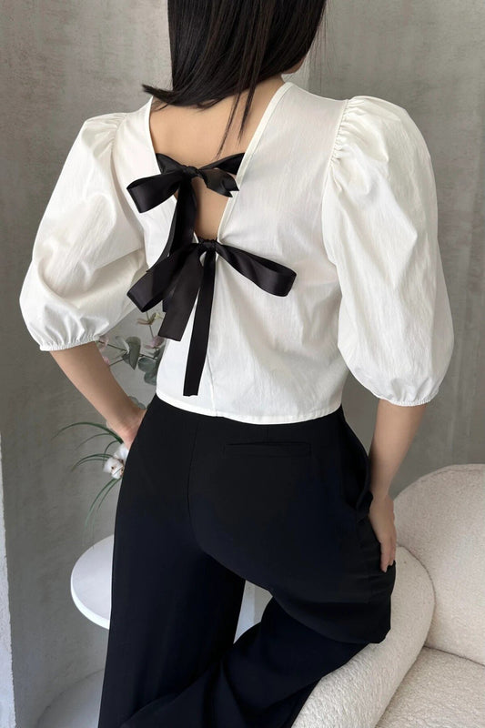 KADIN SIRTI SATEN FİYONKLU POPLİN BLUZ