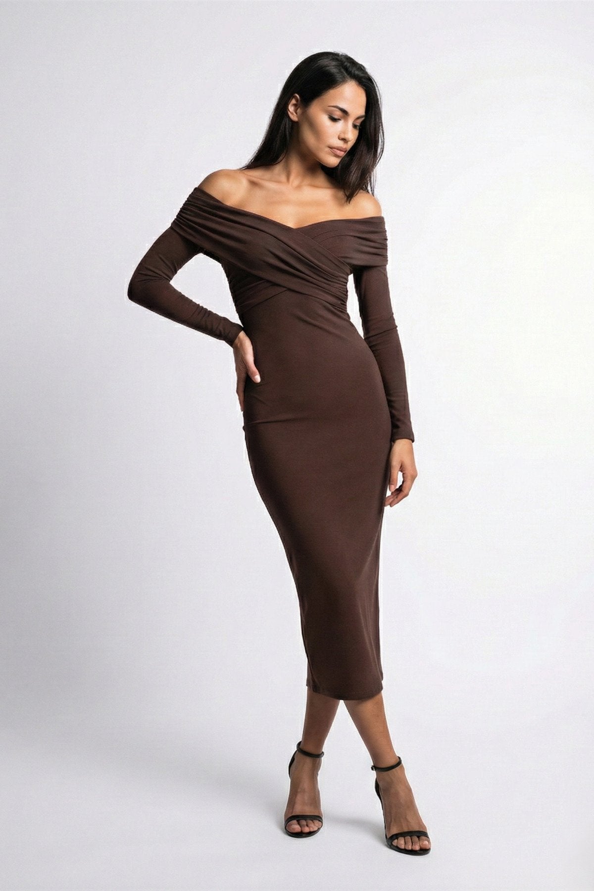 KADIN ÇAPRAZ YAKA DRAPE DETAYLI ESNEK KUMAŞ TASARIM ELBİSE