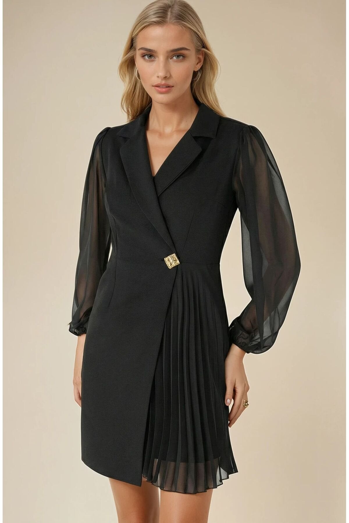 KADIN ETEĞİ PİLİSELİ KRUVAZE YAKA KOLLARI ŞİFON DAVET DÜĞÜN BALO MEZUNİYET İÇİN ABİYE CEKET ELBİSE