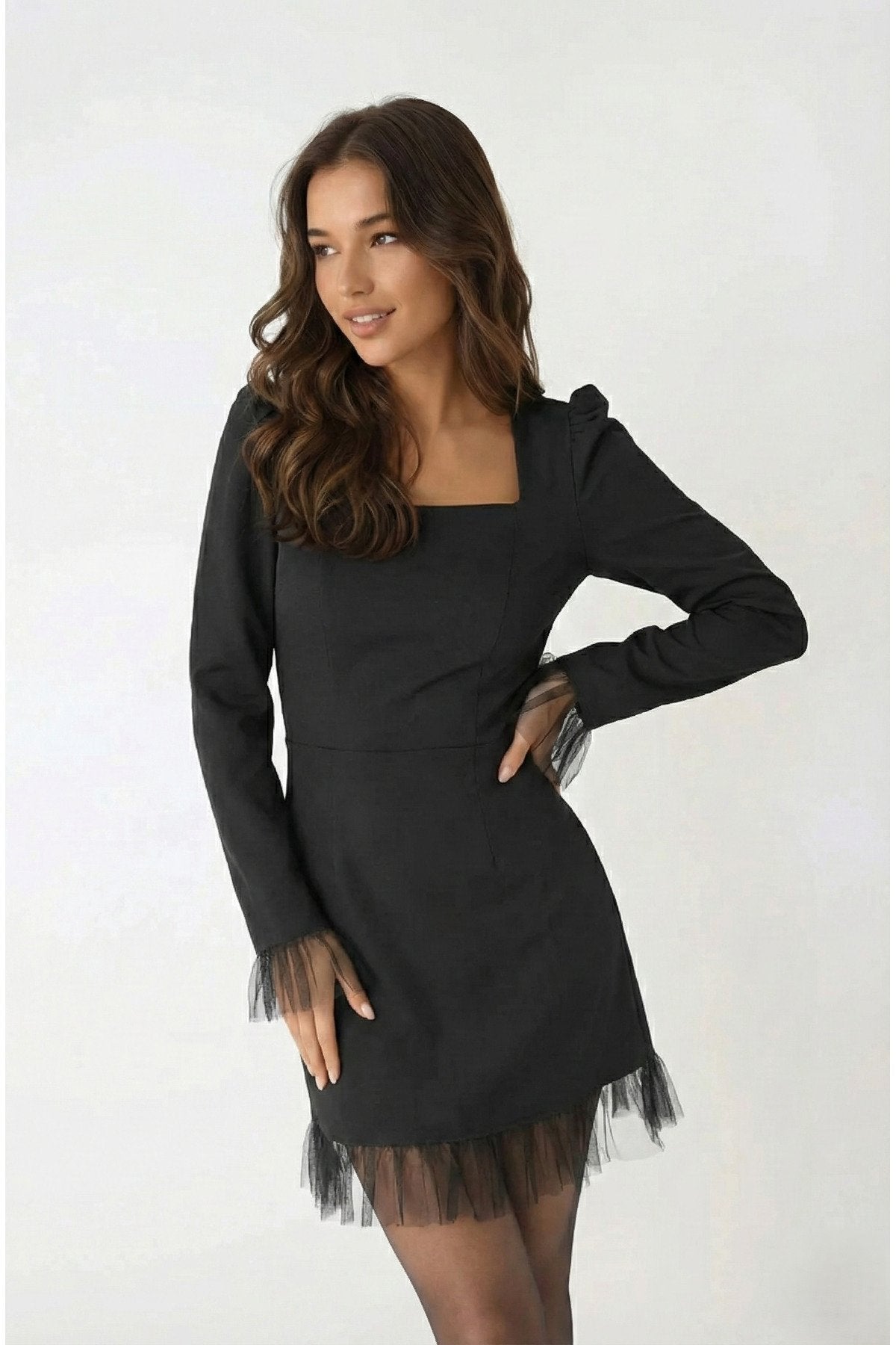 KADIN ETEĞİ VE KOLLARI TÜLLÜ KARE YAKA PRENSES KOL DAVET NİŞAN DÜĞÜN ABİYE GECE ELBİSESİ